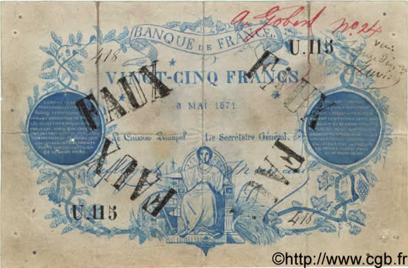 25 Francs type 1870 Clermont-Ferrand FRANCIA  1871 F.A44.01 MBC