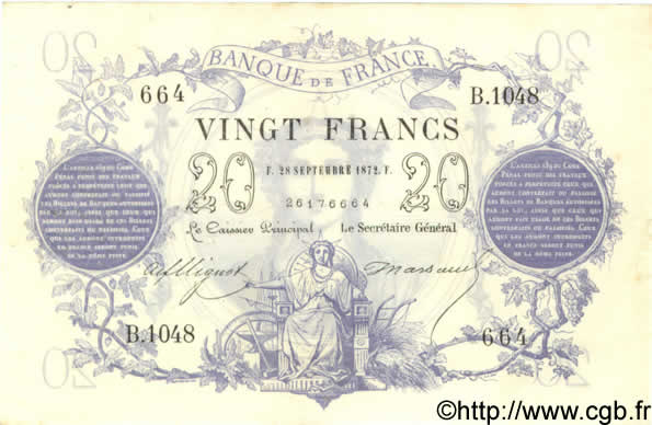 20 Francs type 1871 FRANCIA  1872 F.A46.03 MBC+