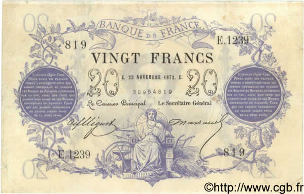 20 Francs type 1871 FRANCE  1872 F.A46.03 F+