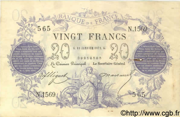 20 Francs 1871 dates erronées FRANCIA  1873 F.A46bis.01 MBC