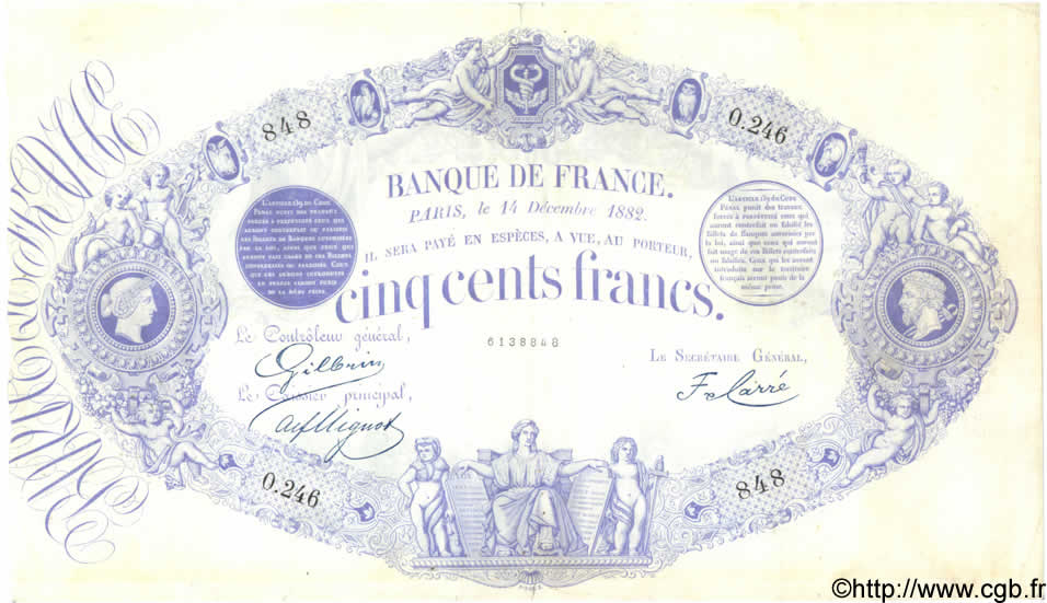 500 Francs 1863 Indices Noirs modifié FRANCIA  1882 F.A49.01 BB
