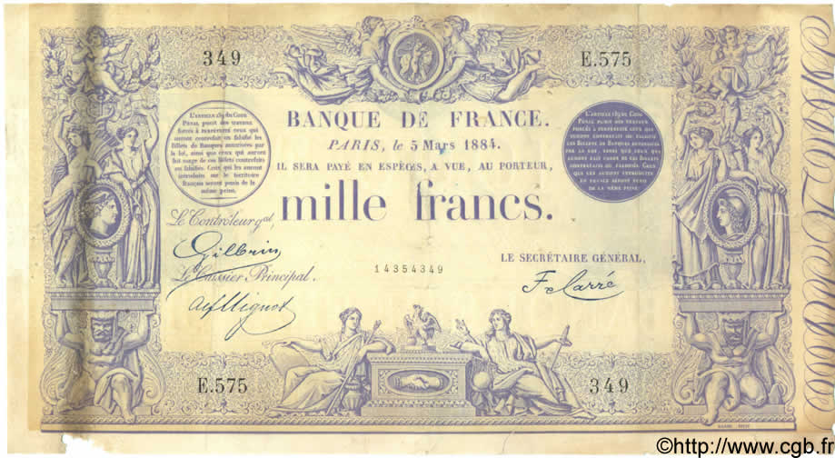 1000 Francs 1862 indices noirs modifié FRANCIA  1884 F.A50.03 BC+