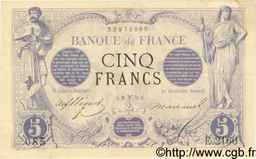 5 Francs NOIR FRANKREICH  1873 F.01.16 VZ+