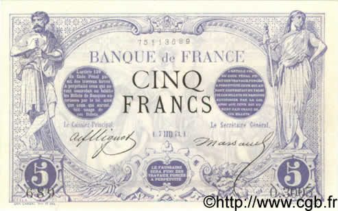 5 Francs NOIR FRANCE  1873 F.01.21 XF+