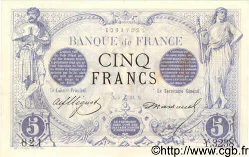 5 Francs NOIR FRANCE  1873 F.01.24 VF+