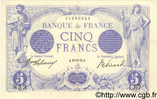 5 Francs BLEU FRANKREICH  1912 F.02.01 VZ+ to fST
