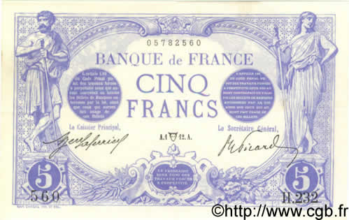 5 Francs BLEU FRANKREICH  1912 F.02.04 VZ+ to fST