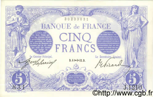 5 Francs BLEU FRANCIA  1912 F.02.11 SPL+ a AU