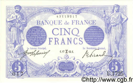 5 Francs BLEU FRANKREICH  1913 F.02.14 fST