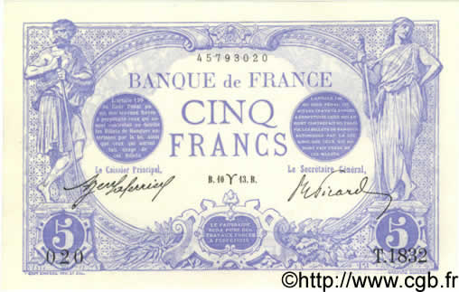 5 Francs BLEU FRANCIA  1913 F.02.15 AU