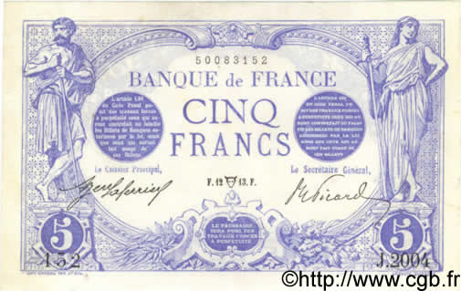 5 Francs BLEU FRANCE  1913 F.02.16 AU-
