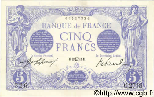 5 Francs BLEU FRANCE  1913 F.02.19 XF+