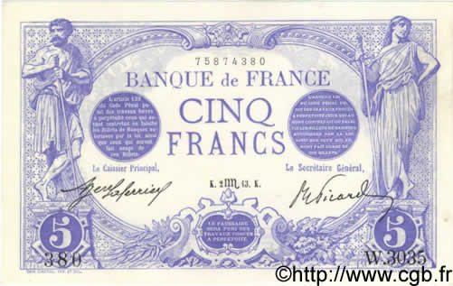 5 Francs BLEU FRANCIA  1913 F.02.21 EBC+
