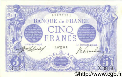 5 Francs BLEU FRANKREICH  1914 F.02.22 fST+