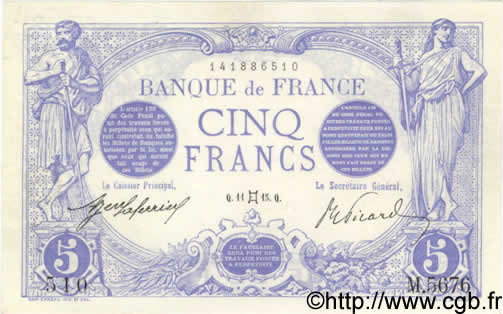5 Francs BLEU FRANKREICH  1915 F.02.27 fST