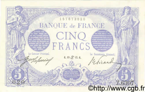5 Francs BLEU FRANCE  1915 F.02.28 UNC-