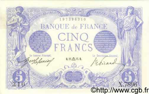 5 Francs BLEU FRANCIA  1915 F.02.31 AU