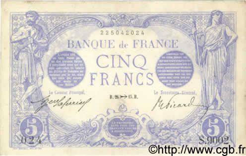 5 Francs BLEU FRANCIA  1915 F.02.33 MBC+