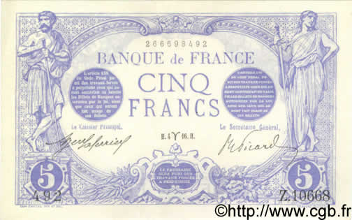 5 Francs BLEU FRANKREICH  1916 F.02.37 fST