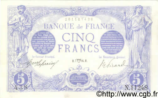 5 Francs BLEU FRANKREICH  1916 F.02.38 VZ+