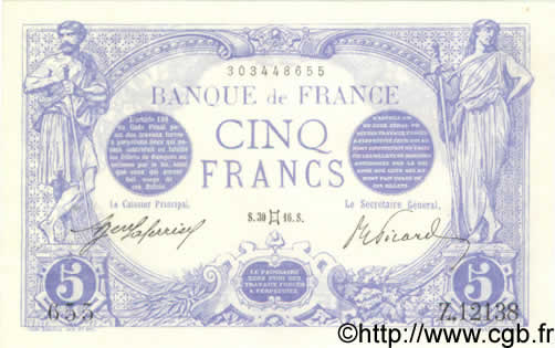 5 Francs BLEU FRANKREICH  1916 F.02.39 VZ+