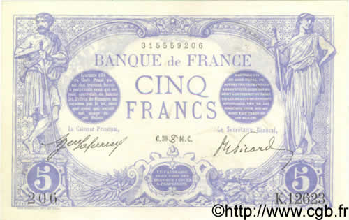 5 Francs BLEU FRANCIA  1916 F.02.40 SPL+