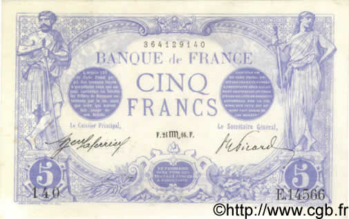5 Francs BLEU FRANCE  1916 F.02.44 UNC-