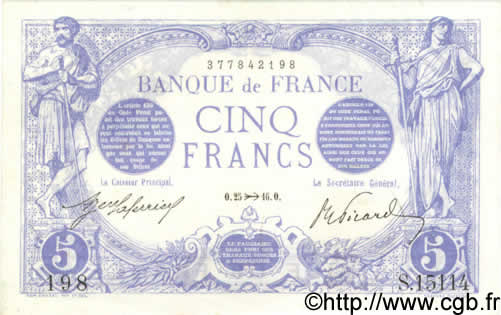 5 Francs BLEU FRANKREICH  1916 F.02.45 fST+