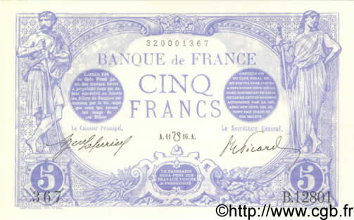 5 Francs BLEU lion inversé FRANKREICH  1916 F.02bis.04 fST+