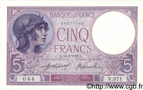 5 Francs FEMME CASQUÉE FRANCE  1918 F.03.02 UNC-