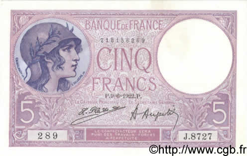 5 Francs FEMME CASQUÉE FRANCE  1922 F.03.06 SPL