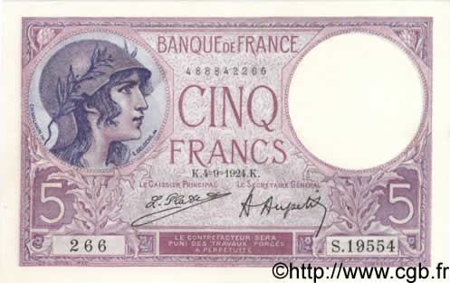 5 Francs FEMME CASQUÉE FRANCIA  1924 F.03.08 SPL+