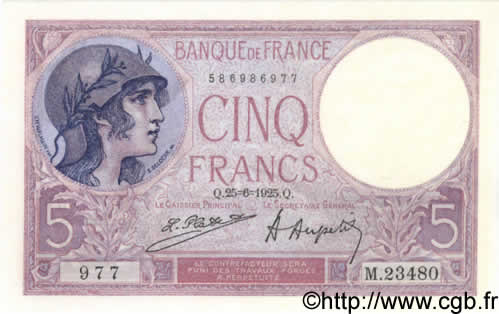 5 Francs FEMME CASQUÉE FRANCE  1925 F.03.09 UNC