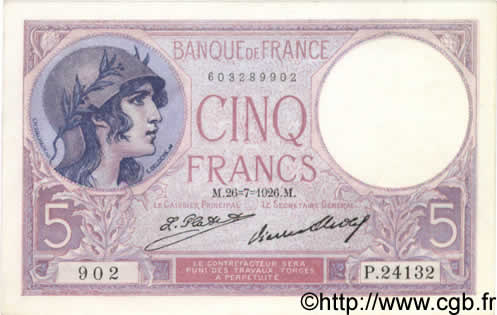 5 Francs FEMME CASQUÉE FRANKREICH  1926 F.03.10 ST
