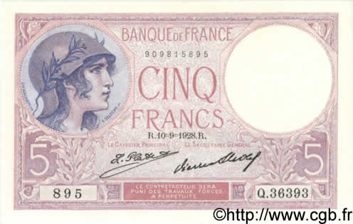5 Francs FEMME CASQUÉE FRANCE  1928 F.03.12 AU+