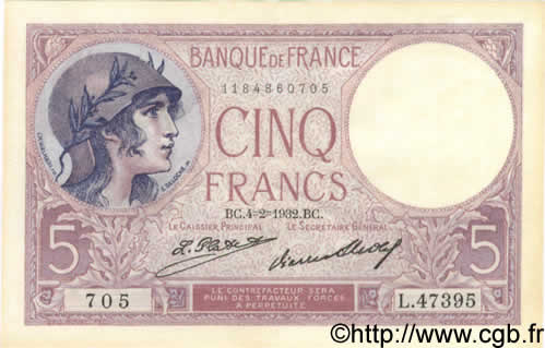 5 Francs FEMME CASQUÉE FRANCE  1932 F.03.16 AU+