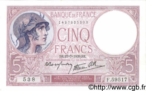 5 Francs FEMME CASQUÉE modifié FRANCIA  1939 F.04.03 q.FDC