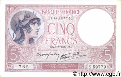 5 Francs FEMME CASQUÉE modifié FRANCIA  1939 F.04.04 q.FDC