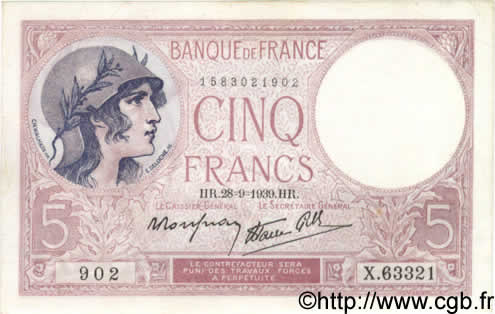 5 Francs FEMME CASQUÉE modifié FRANCIA  1939 F.04.10 q.FDC