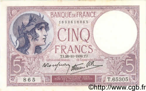 5 Francs FEMME CASQUÉE modifié FRANCE  1939 F.04.13 AU