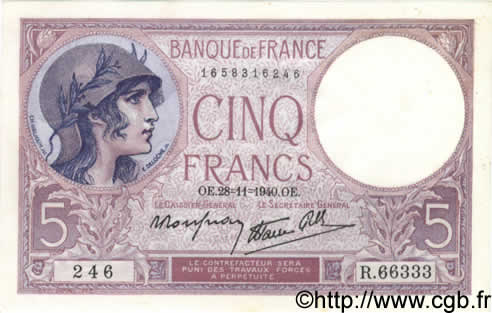 5 Francs FEMME CASQUÉE modifié FRANCE  1939 F.04.15 UNC-