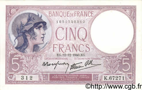 5 Francs FEMME CASQUÉE modifié FRANCE  1940 F.04.17 SPL