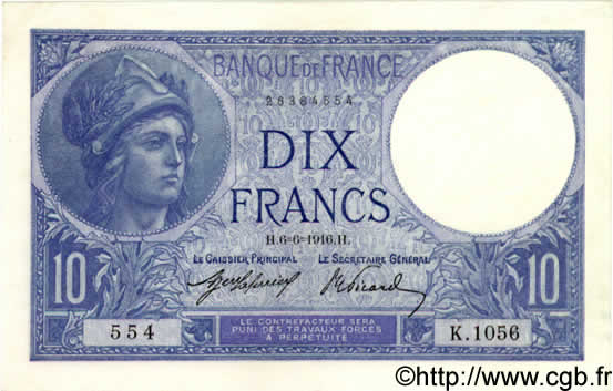 10 Francs MINERVE FRANCIA  1916 F.06.01 q.AU
