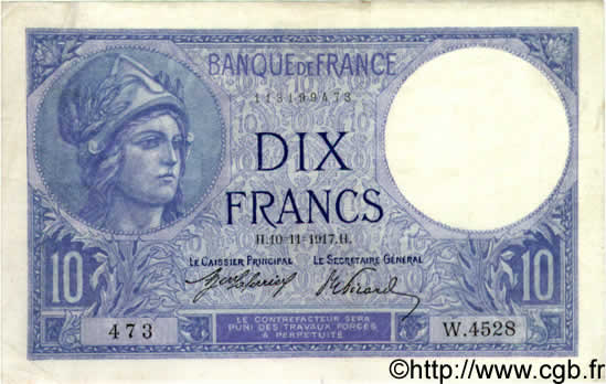 10 Francs MINERVE FRANCIA  1917 F.06.02 MBC+