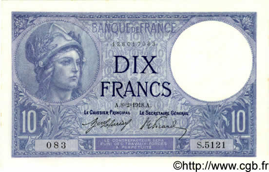 10 Francs MINERVE FRANCIA  1918 F.06.03 FDC