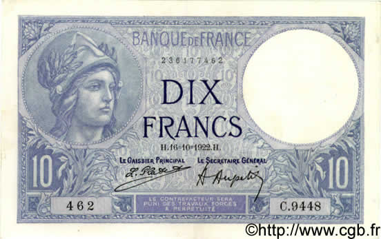 10 Francs MINERVE FRANCIA  1922 F.06.06 SPL+