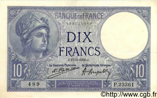 10 Francs MINERVE FRANKREICH  1926 F.06.10 VZ to fST