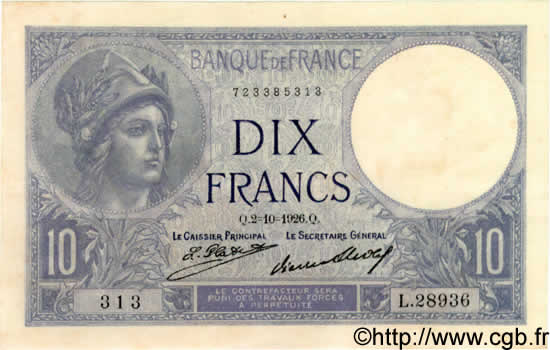 10 Francs MINERVE FRANCIA  1926 F.06.11 AU