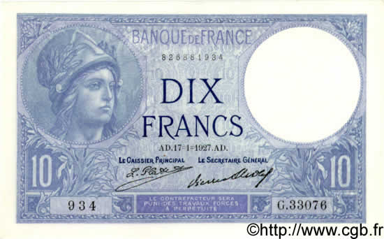 10 Francs MINERVE FRANCE  1927 F.06.12 UNC-