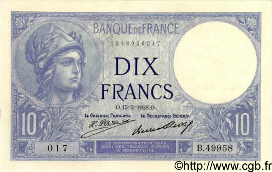 10 Francs MINERVE FRANCIA  1928 F.06.13 SC